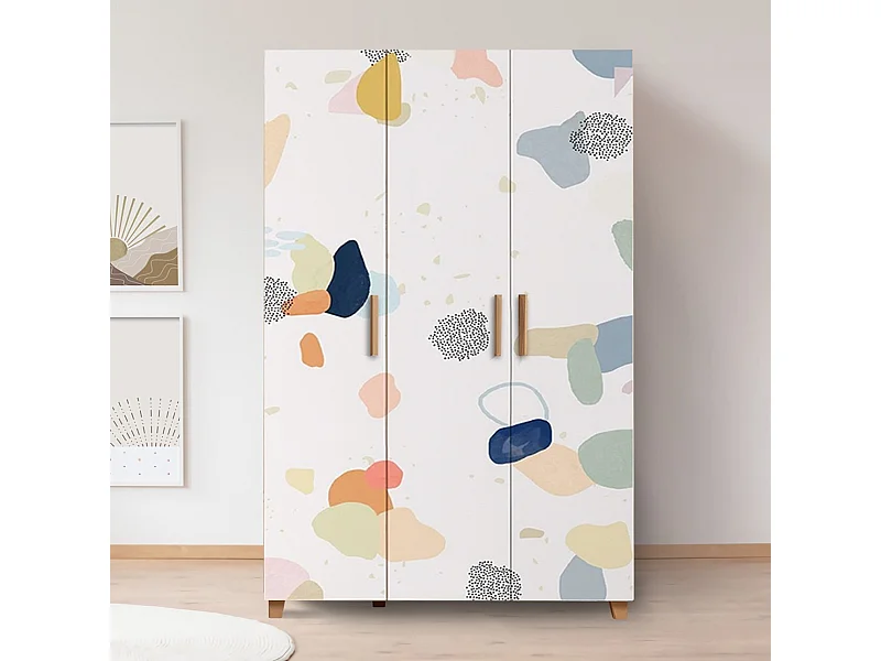 Armoire 3 portes Perth L120cm Bois Blanc Motif Abstrait Orange, Bleu et Gris