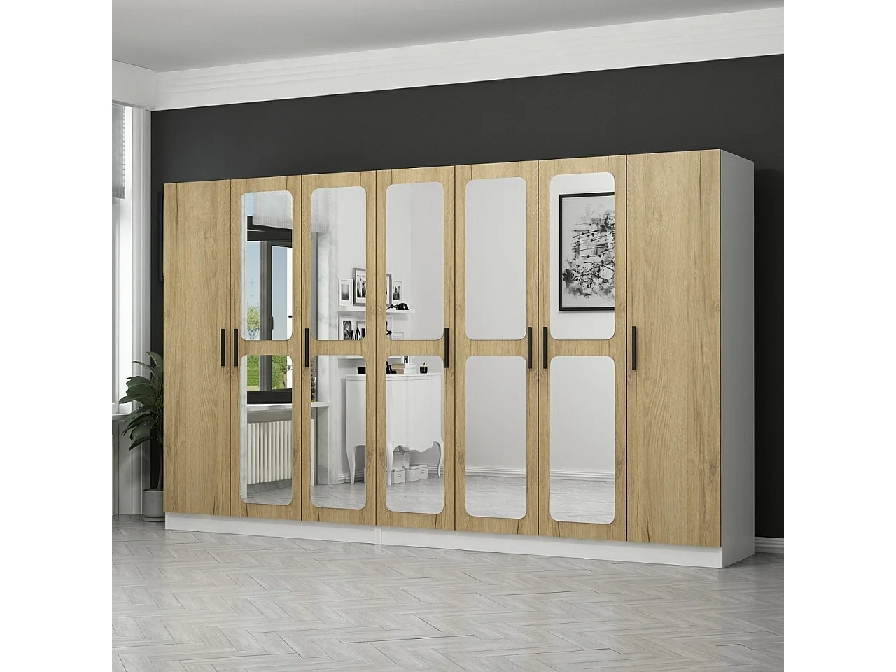Armoire 7 portes et 10 miroirs modèle 2 Bangka L315xH190cm Bois clair et Blanc
