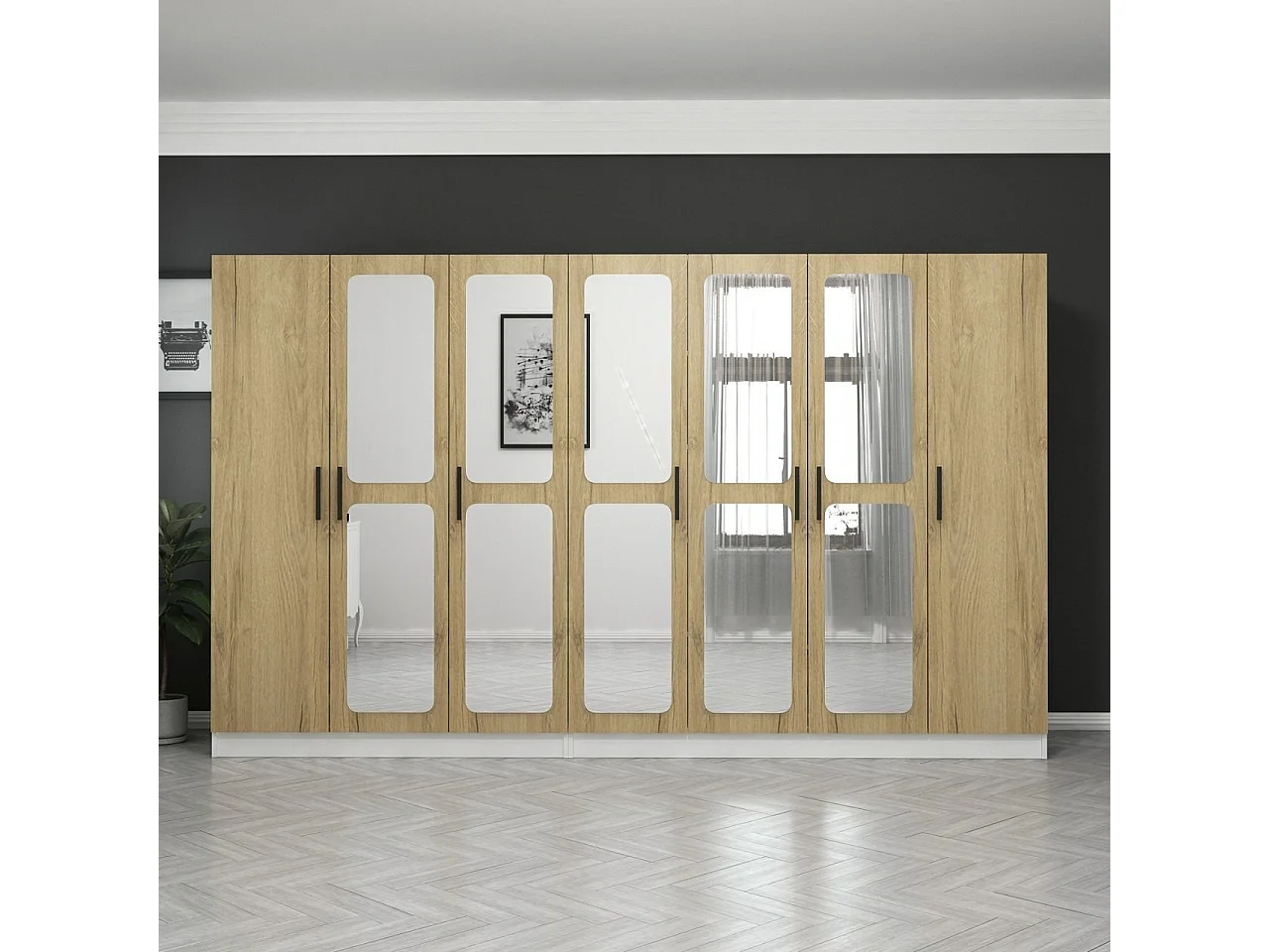 Armoire 7 portes et 10 miroirs modèle 2 Bangka L315xH190cm Bois clair et Blanc