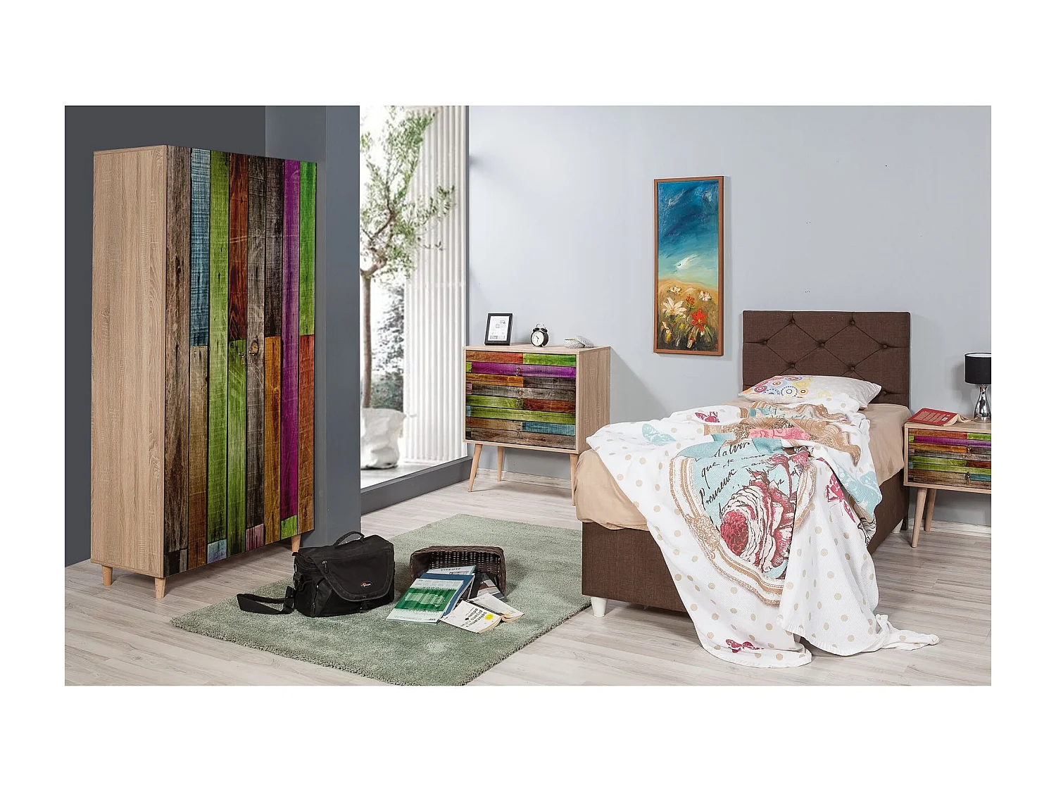 Armoire penderie 2 portes Infigo 90cm Bois Naturel Motif Planches de bois Multicolore