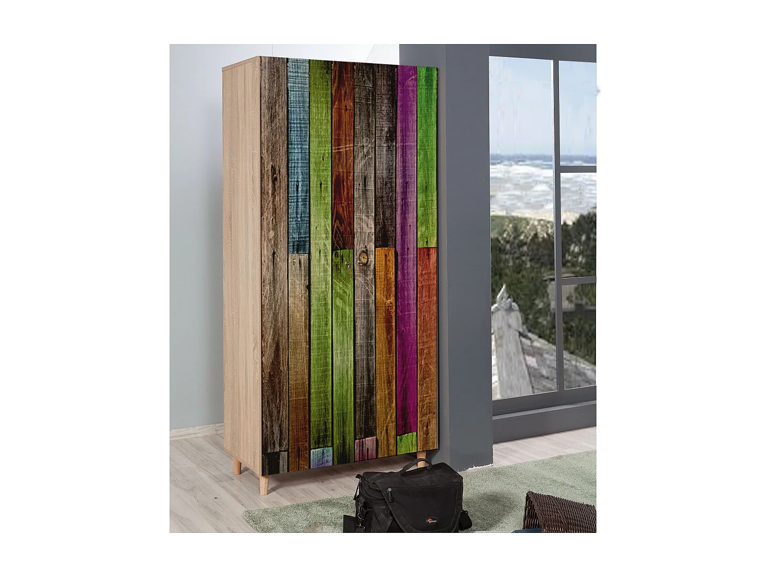 Armoire penderie 2 portes Infigo 90cm Bois Naturel Motif Planches de bois Multicolore