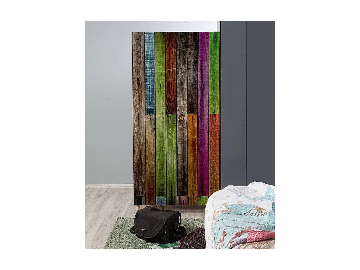 Armoire penderie 2 portes Infigo 90cm Bois Naturel Motif Planches de bois Multicolore