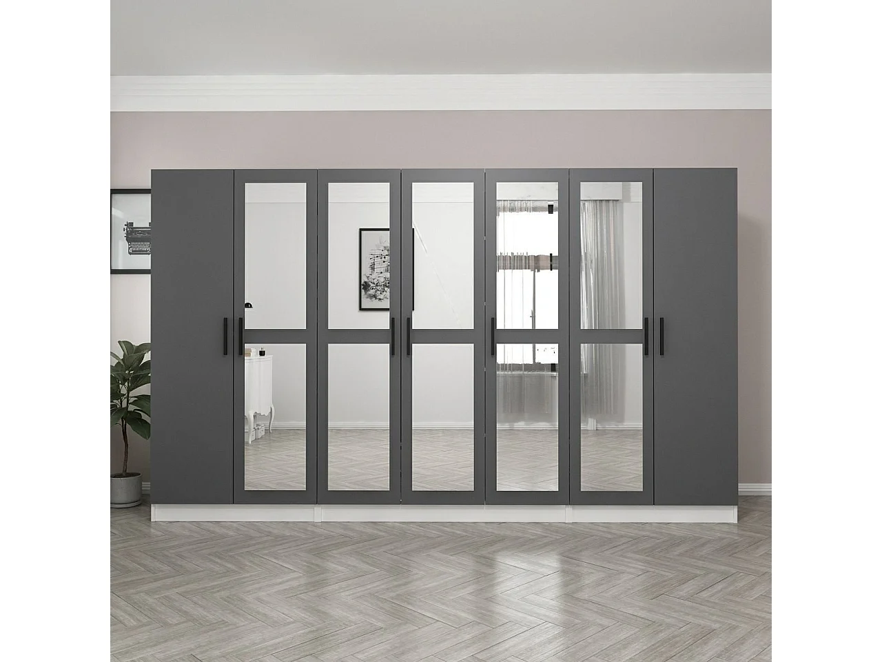 Armoire 7 portes et 10 miroirs Sanur L315xH190cm Anthracite et Blanc