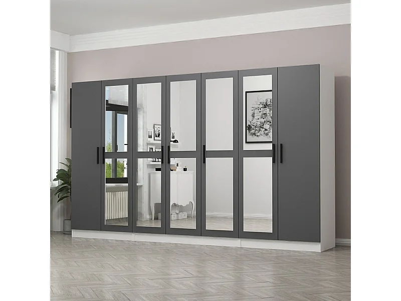 Armoire 7 portes et 10 miroirs Sanur L315xH190cm Anthracite et Blanc