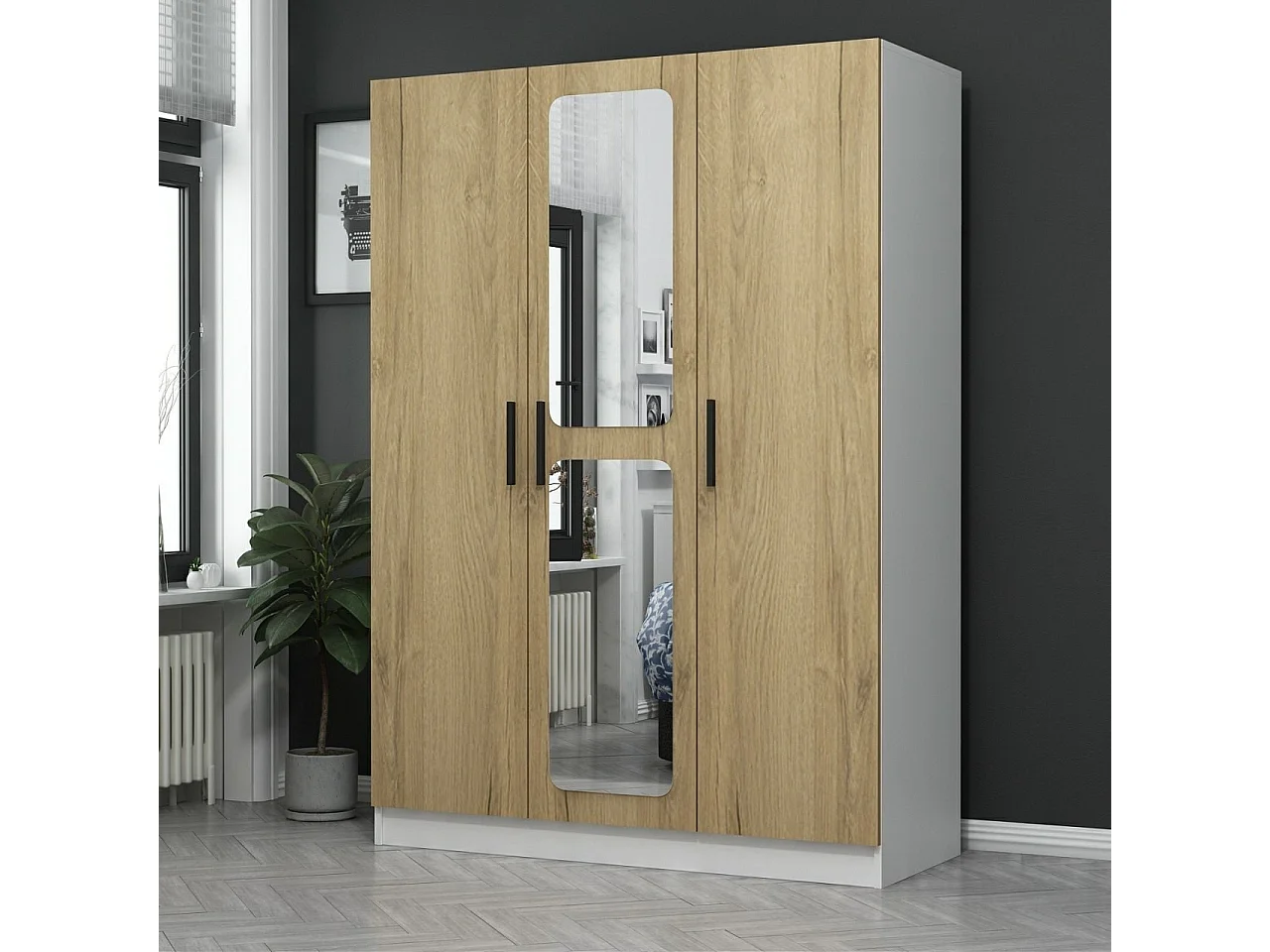 Armoires 3 portes et 2 miroirs Bangka L135xH190cm Bois clair et Blanc