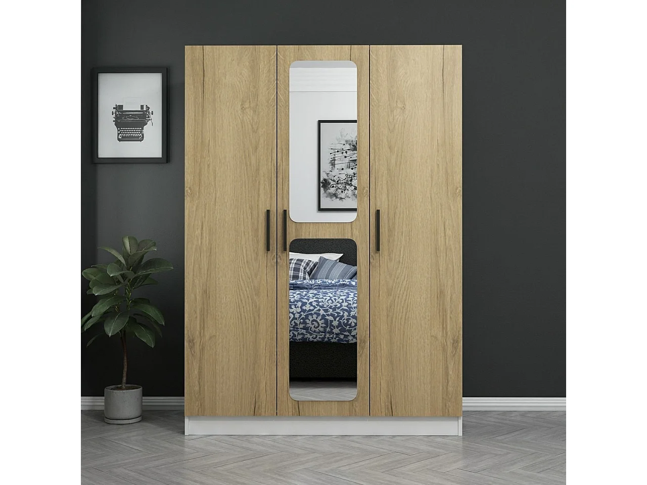 Armoires 3 portes et 2 miroirs Bangka L135xH190cm Bois clair et Blanc