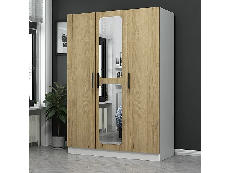 Armoires 3 portes et 2 miroirs Bangka L135xH190cm Bois clair et Blanc