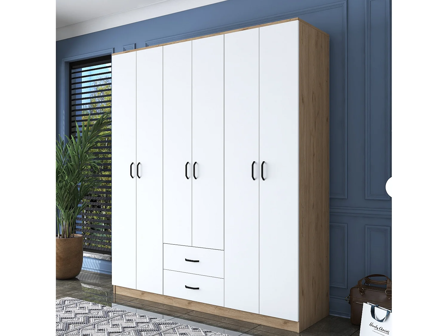 Roupeiro Elegante "Thor" com 6 Portas e 2 Gavetas - 180x210x51.5cm em Nogueira e Branco
