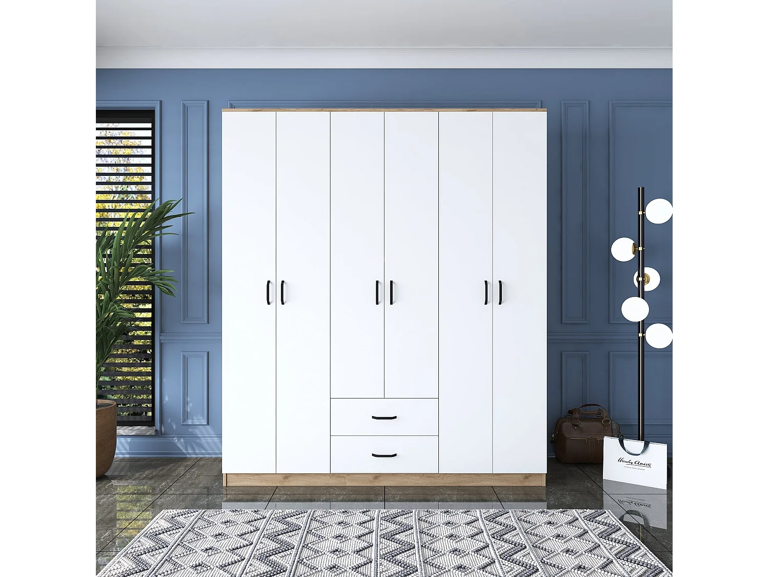 Roupeiro Elegante "Thor" com 6 Portas e 2 Gavetas - 180x210x51.5cm em Nogueira e Branco