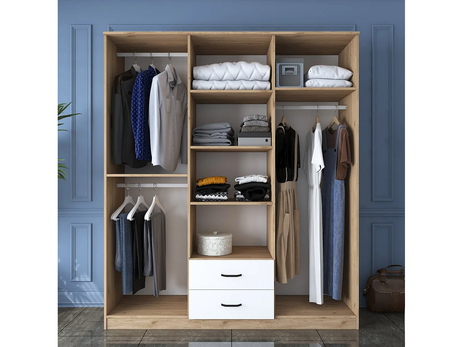 Roupeiro Elegante "Thor" com 6 Portas e 2 Gavetas - 180x210x51.5cm em Nogueira e Branco