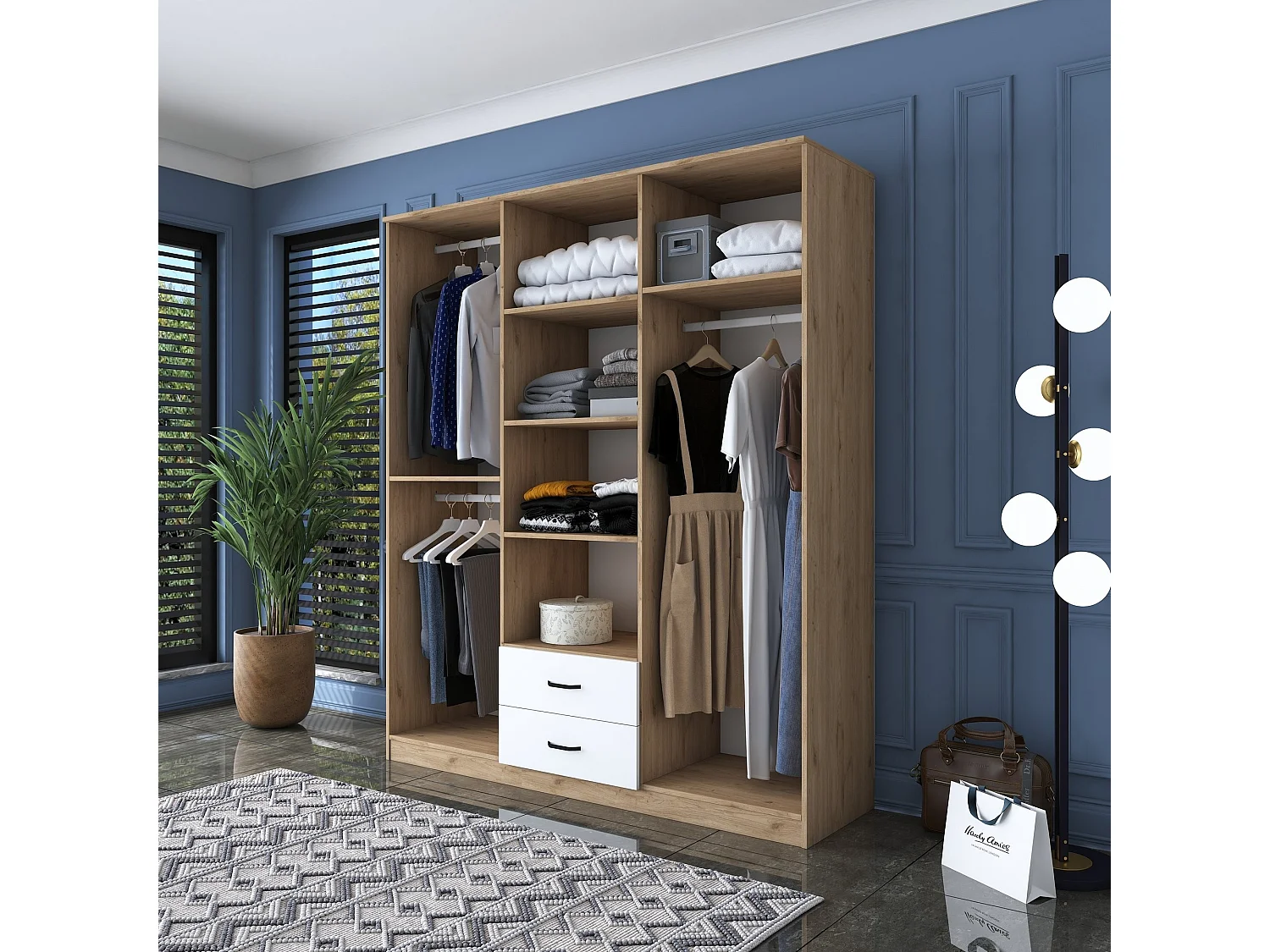 Roupeiro Elegante "Thor" com 6 Portas e 2 Gavetas - 180x210x51.5cm em Nogueira e Branco