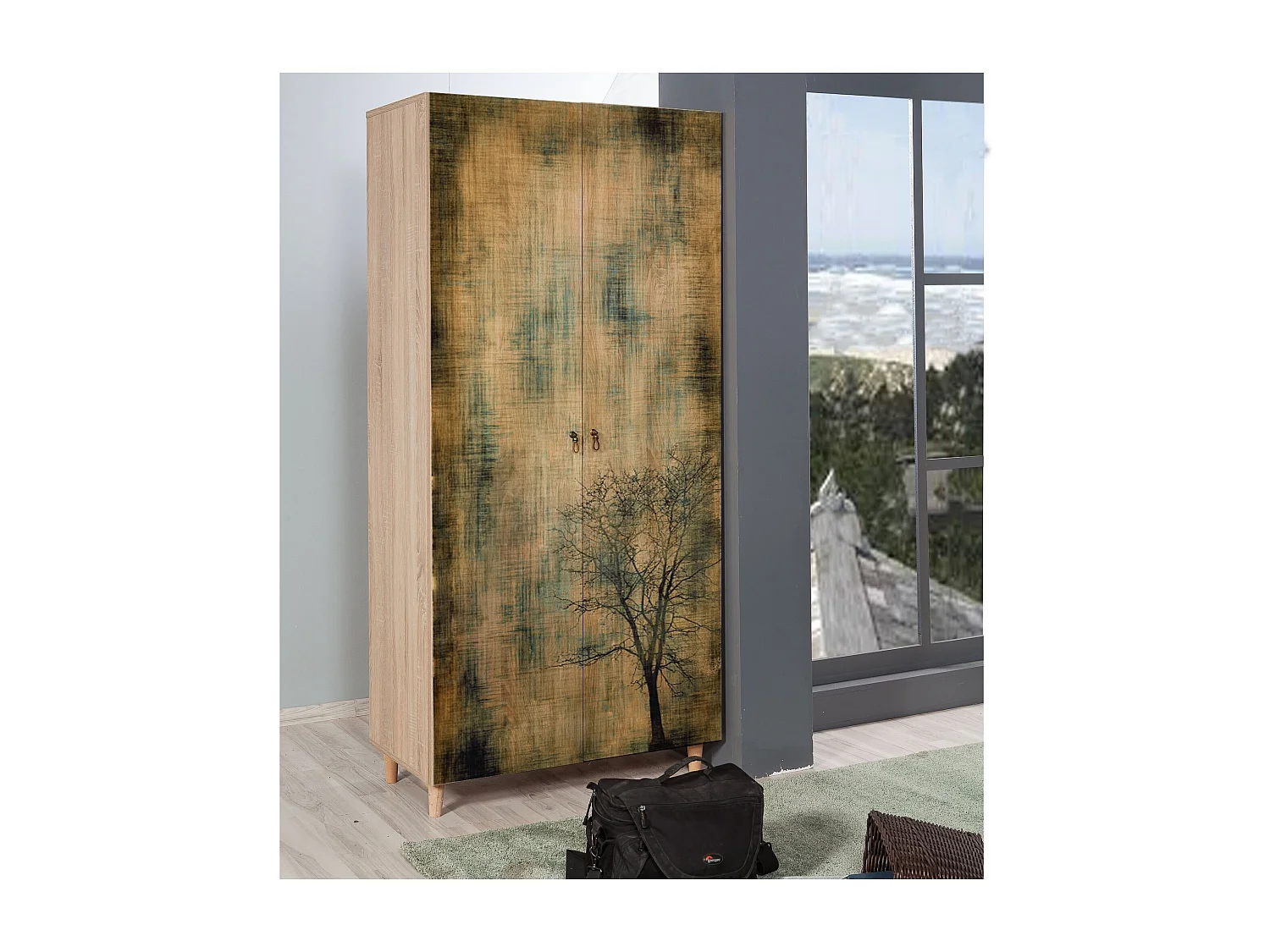 Armoire penderie 2 portes Infigo 90cm Bois Naturel Motif Arbre effeuillé Noir