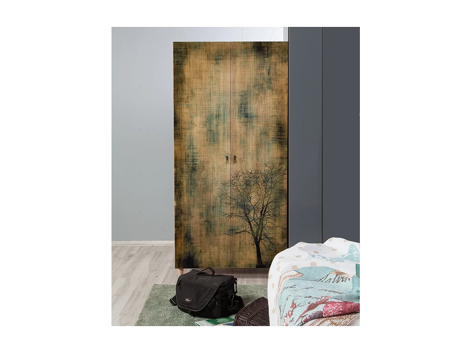 Armoire penderie 2 portes Infigo 90cm Bois Naturel Motif Arbre effeuillé Noir