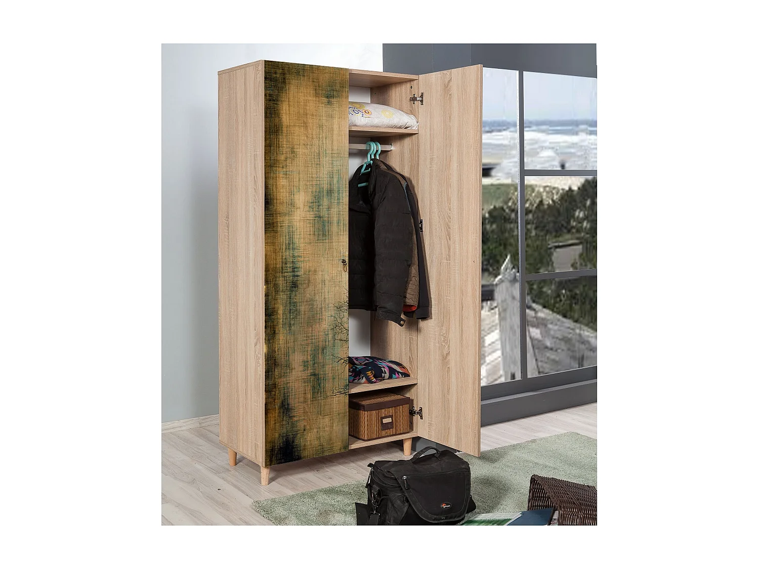 Armoire penderie 2 portes Infigo 90cm Bois Naturel Motif Arbre effeuillé Noir