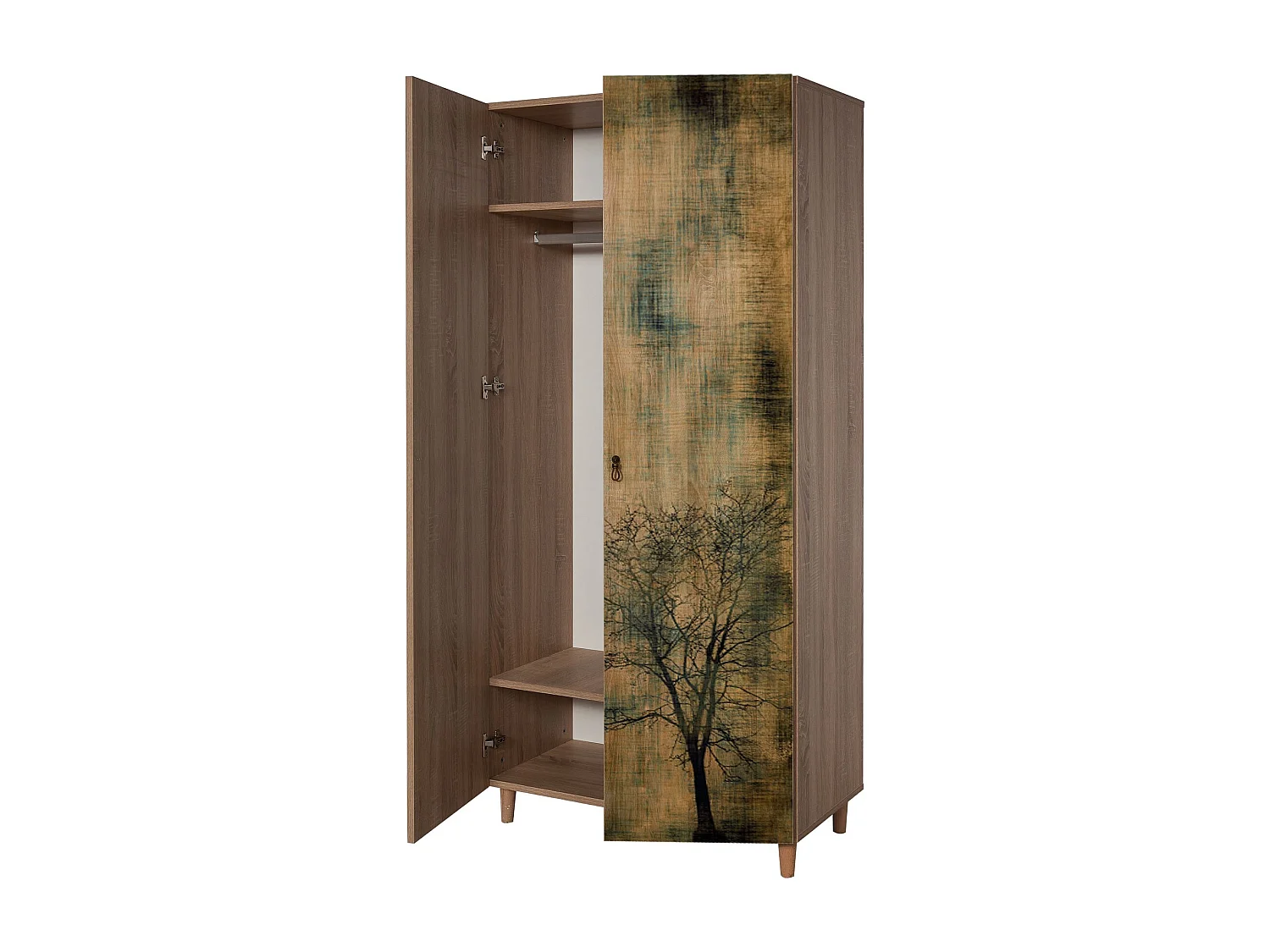 Armoire penderie 2 portes Infigo 90cm Bois Naturel Motif Arbre effeuillé Noir