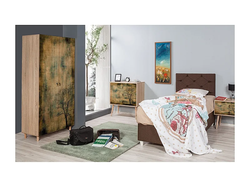 Armoire penderie 2 portes Infigo 90cm Bois Naturel Motif Arbre effeuillé Noir