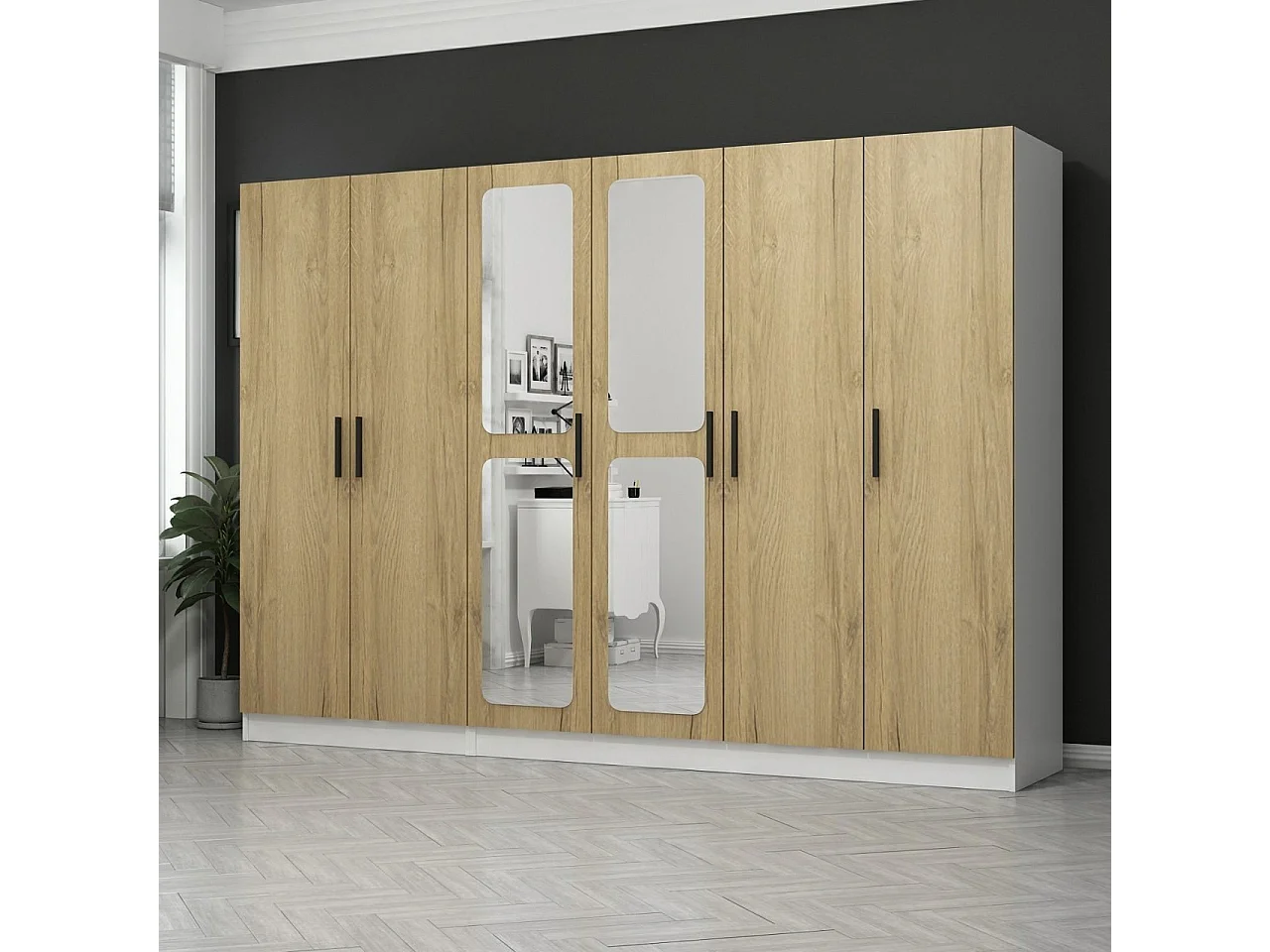 Armoires 6 portes et 4 miroirs Bangkia L270x190cm Bois clair et Blanc