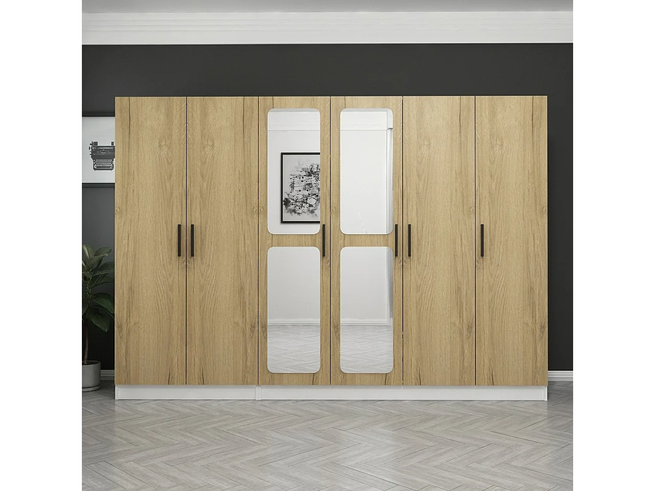 Armoires 6 portes et 4 miroirs Bangkia L270x190cm Bois clair et Blanc