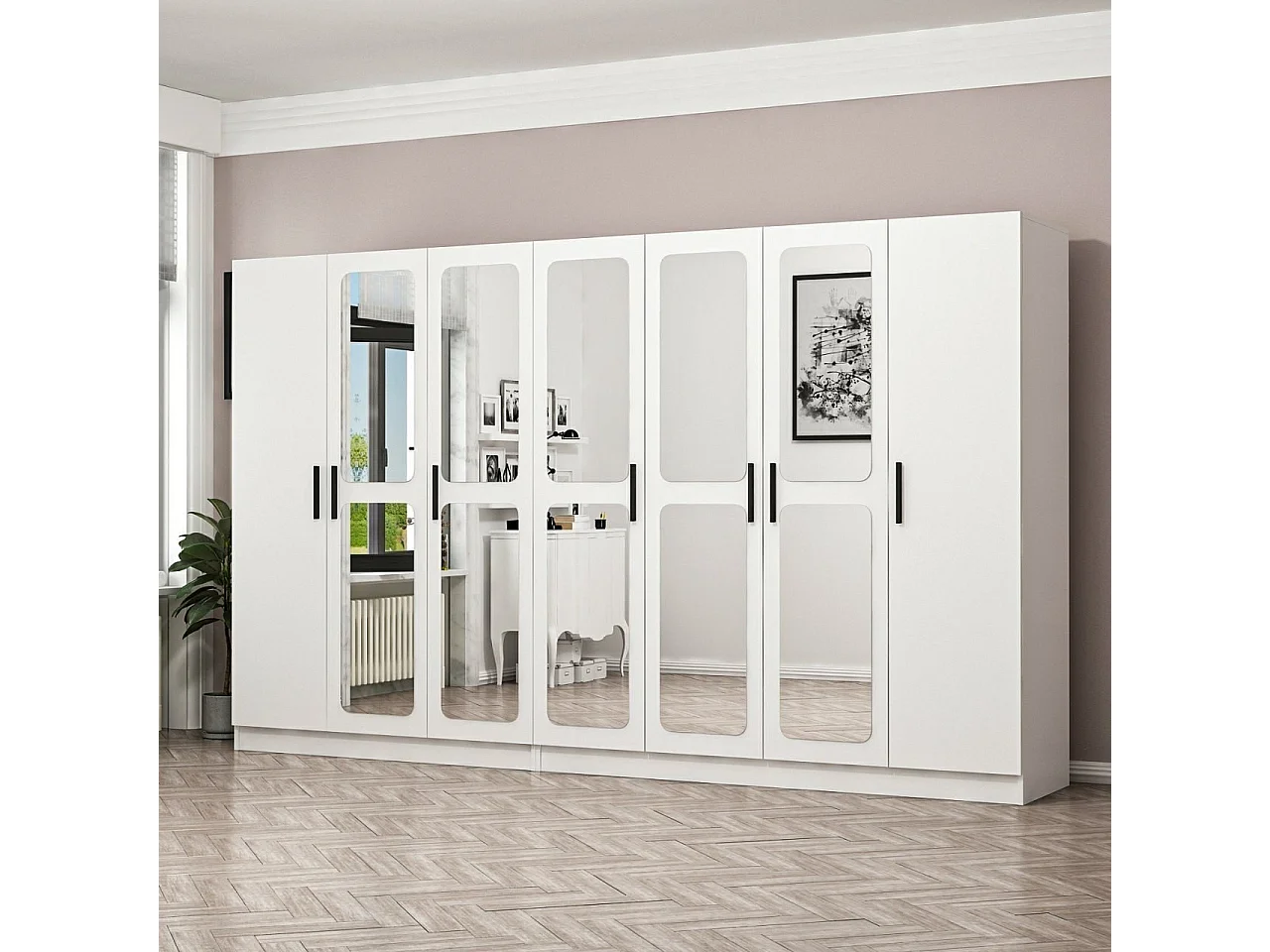 Armoire 7 portes et 10 miroirs Modèle 2 Bangka L315xH210cm Blanc