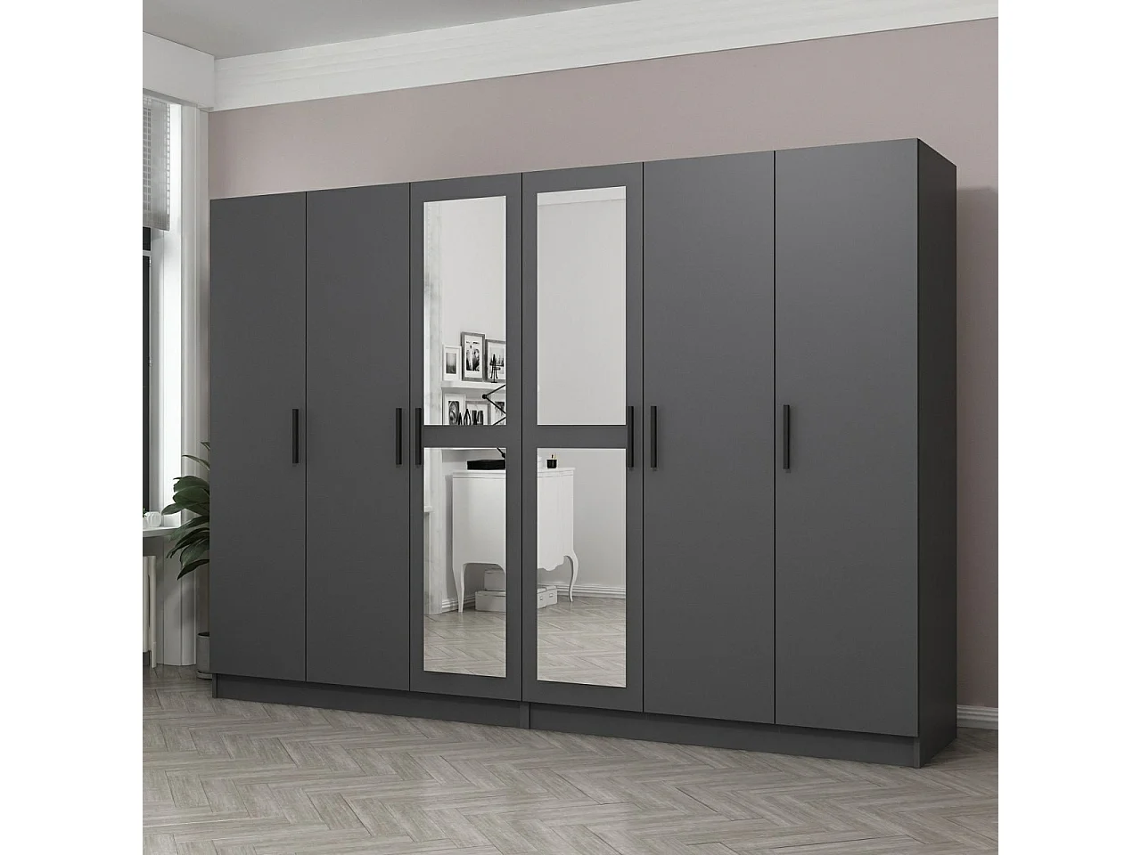 Armoires 6 portes et 4 miroirs Sanur L270xH190cm Anthracite