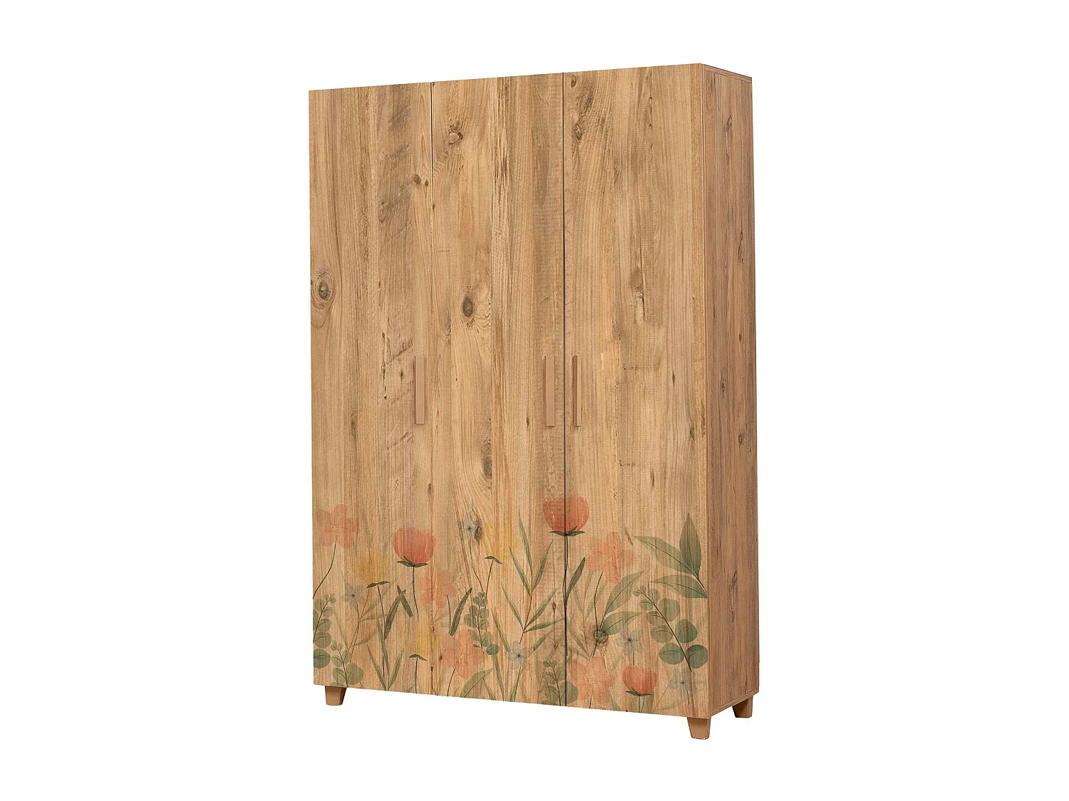 Armoire 3 portes Perth L120cm Bois clair Motif Champs de fleur Vert, Rouge et Jaune