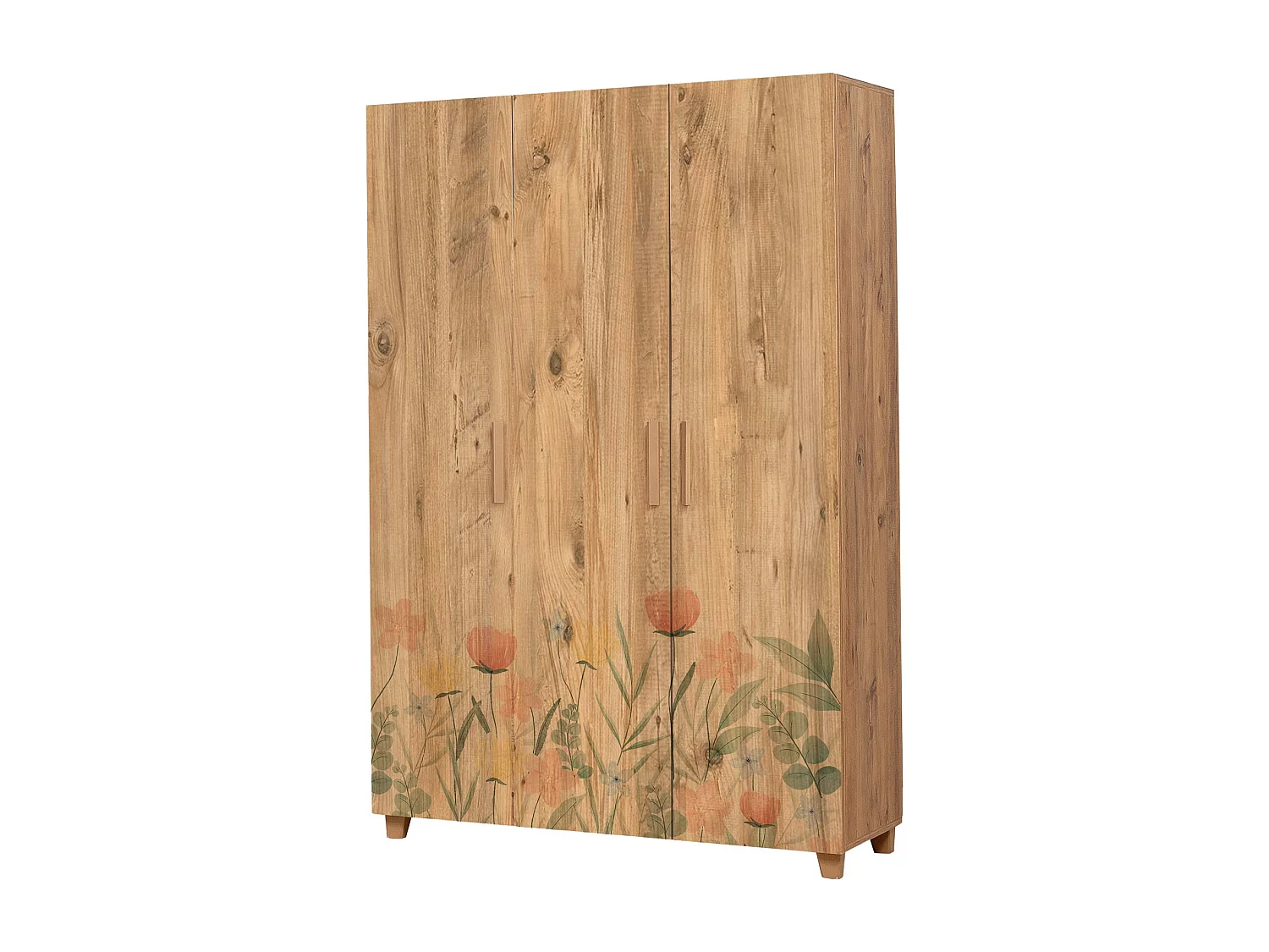 Armoire 3 portes Perth L120cm Bois clair Motif Champs de fleur Vert, Rouge et Jaune