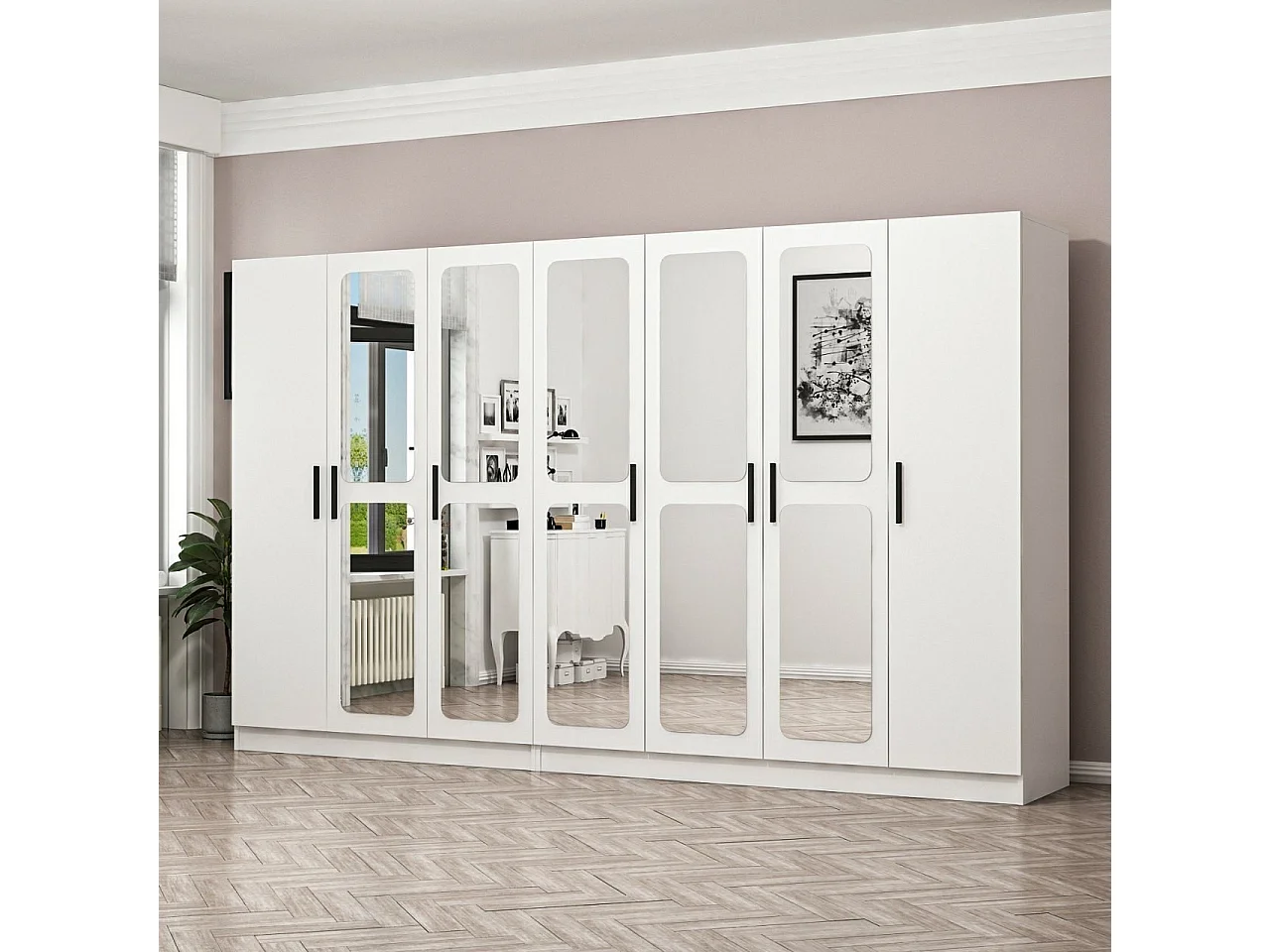 Armoire 7 portes et 10 miroirs Modèle 2 Bangka L315xH190cm Blanc