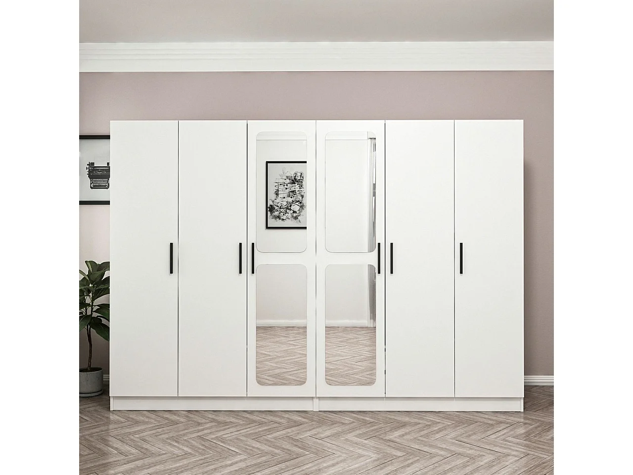 Armoires 6 portes et 4 miroirs Bangka L270x190cm Blanc