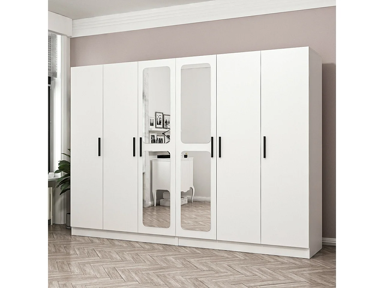 Armoires 6 portes et 4 miroirs Bangka L270x190cm Blanc