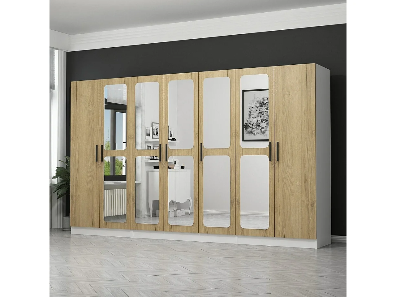 Armoire 7 portes et 10 miroirs Modèle 1 Bangka L315xH210cm Bois clair et Blanc