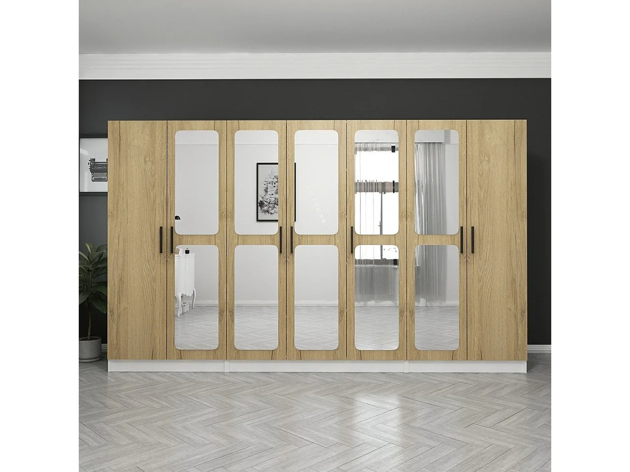 Armoire 7 portes et 10 miroirs Modèle 1 Bangka L315xH210cm Bois clair et Blanc