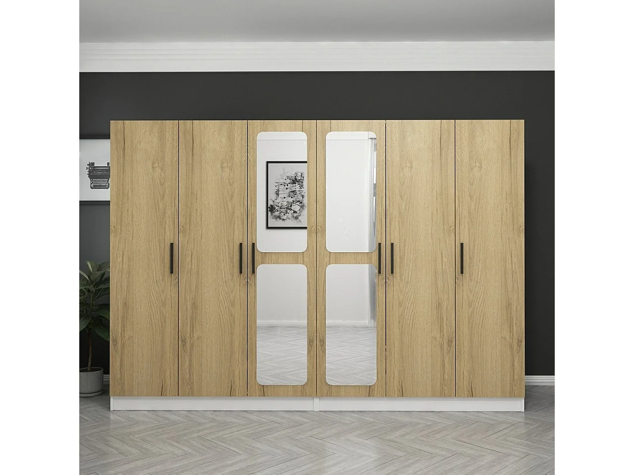 Armoires 6 portes et 4 miroirs Bangka L270x190cm Bois clair et Blanc