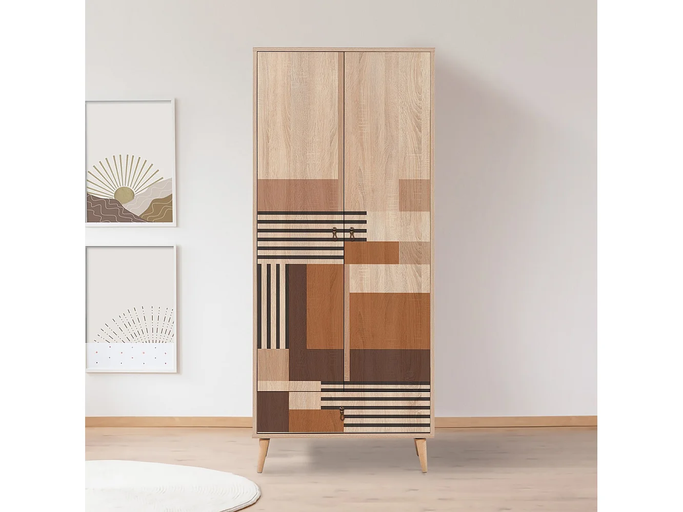 Armoire 2 portes et 1 tiroir Pertha L80cm Bois Motif Géométrique nuance de Marron