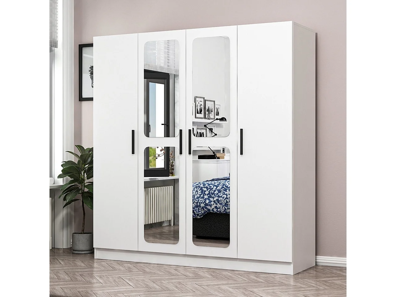 Armoire 4 portes et 4 miroirs Bangka L180xH210cm Blanc