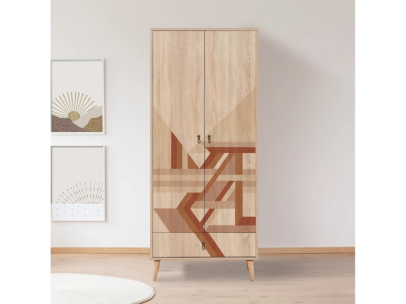 Armoire 2 portes et 1 tiroir Pertha L80cm Bois Motif Géométrique Marron