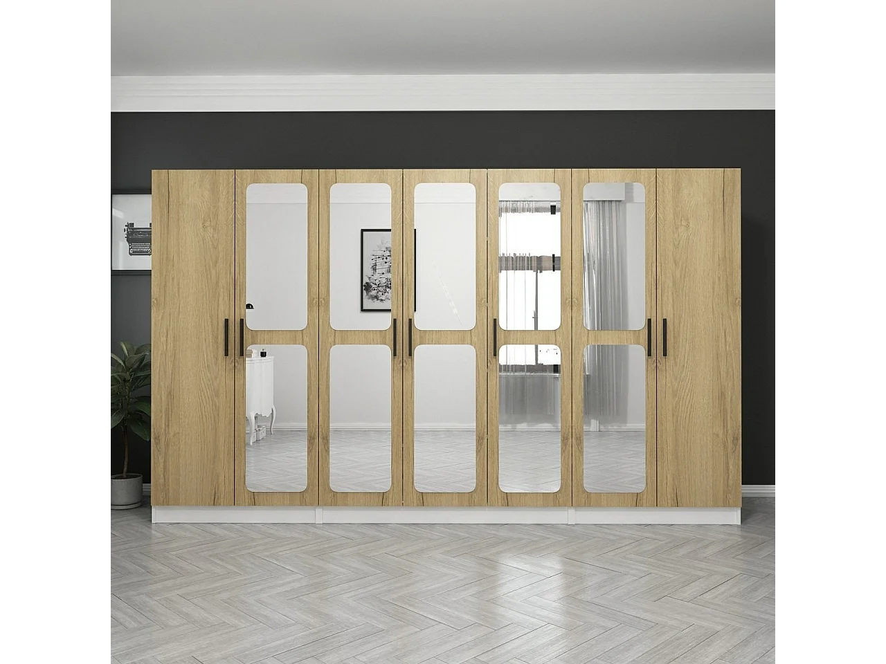 Armoires 7 portes et 10 miroirs Bangka L315xH190cm Bois clair et Blanc