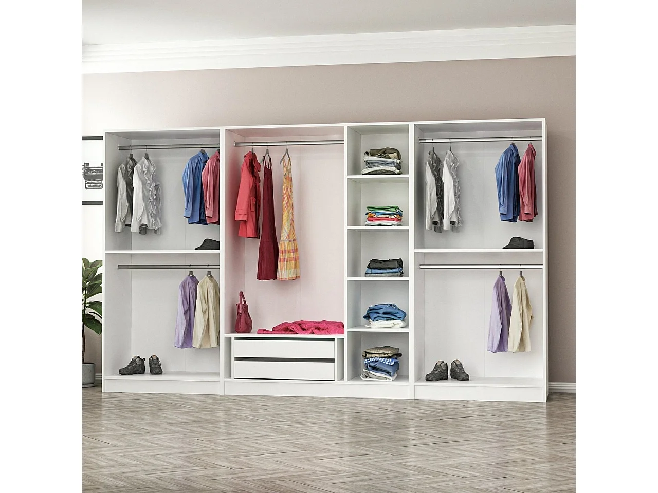 Armoires 7 portes et 10 miroirs Bangka L315xH190cm Bois clair et Blanc