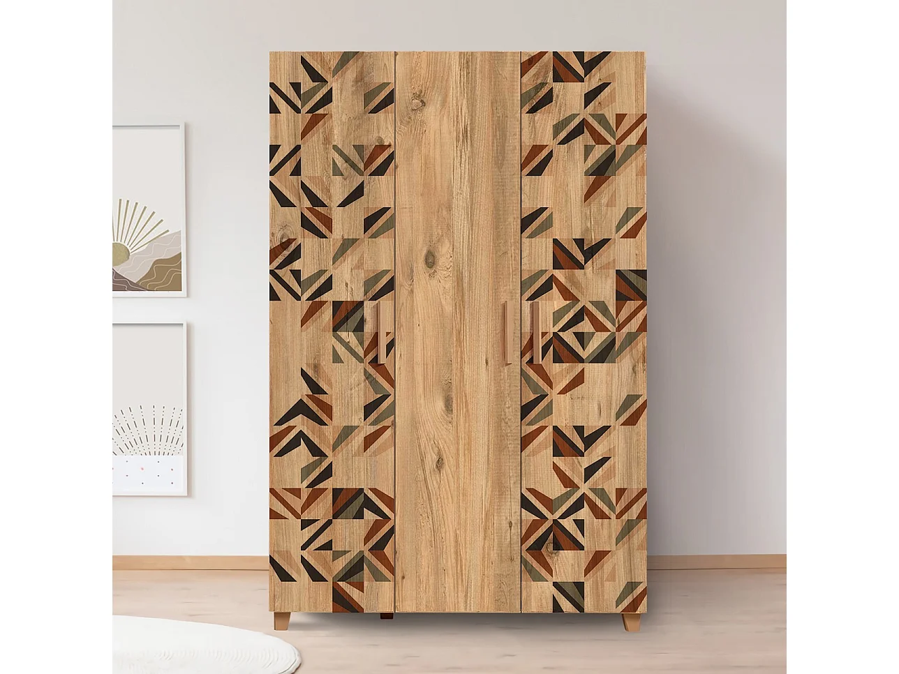 Armoire 3 portes Perth L120cm Bois clair Motif Géométrique et carreaux Noir, Vert et Rouge