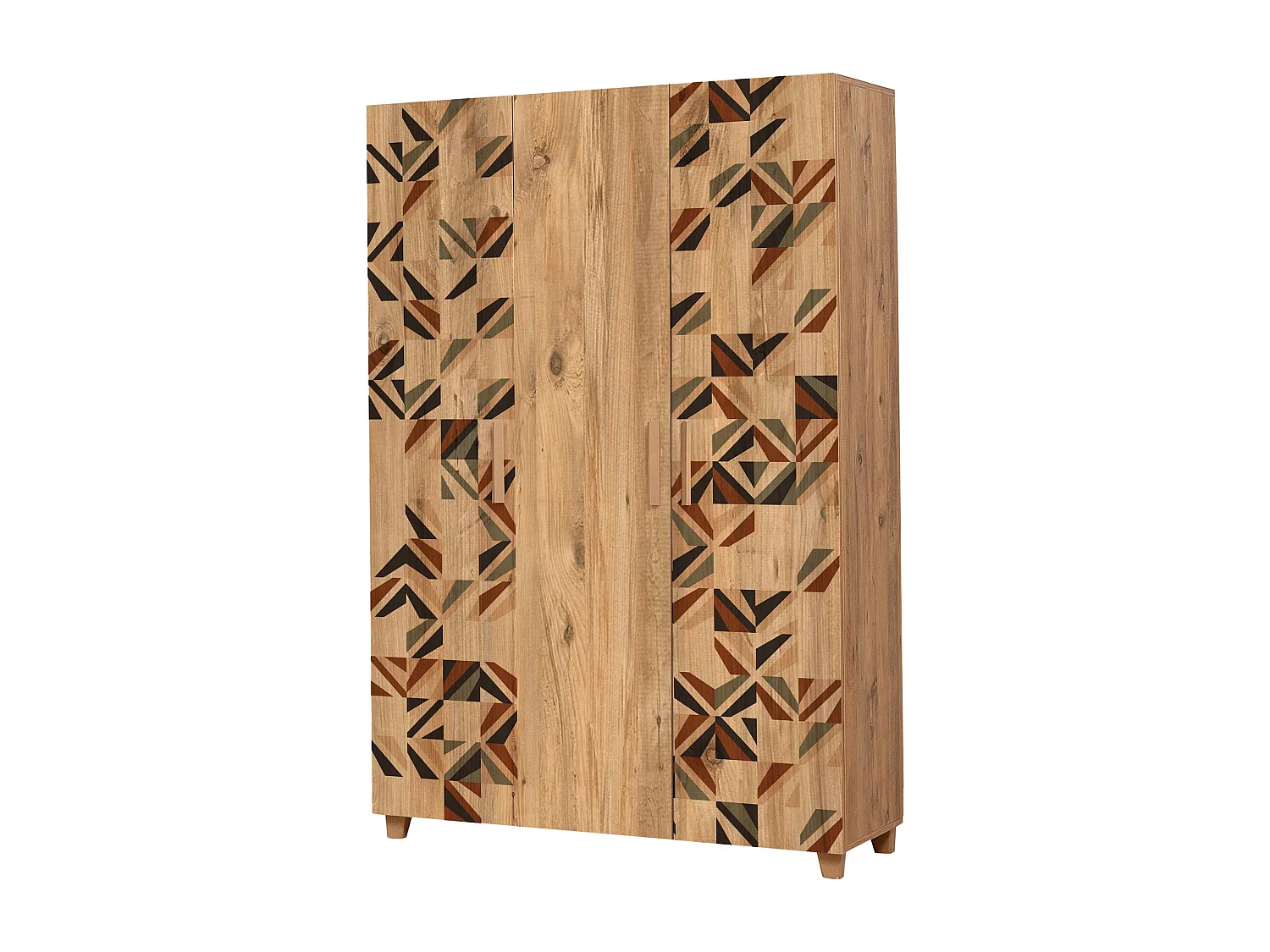 Armoire 3 portes Perth L120cm Bois clair Motif Géométrique et carreaux Noir, Vert et Rouge