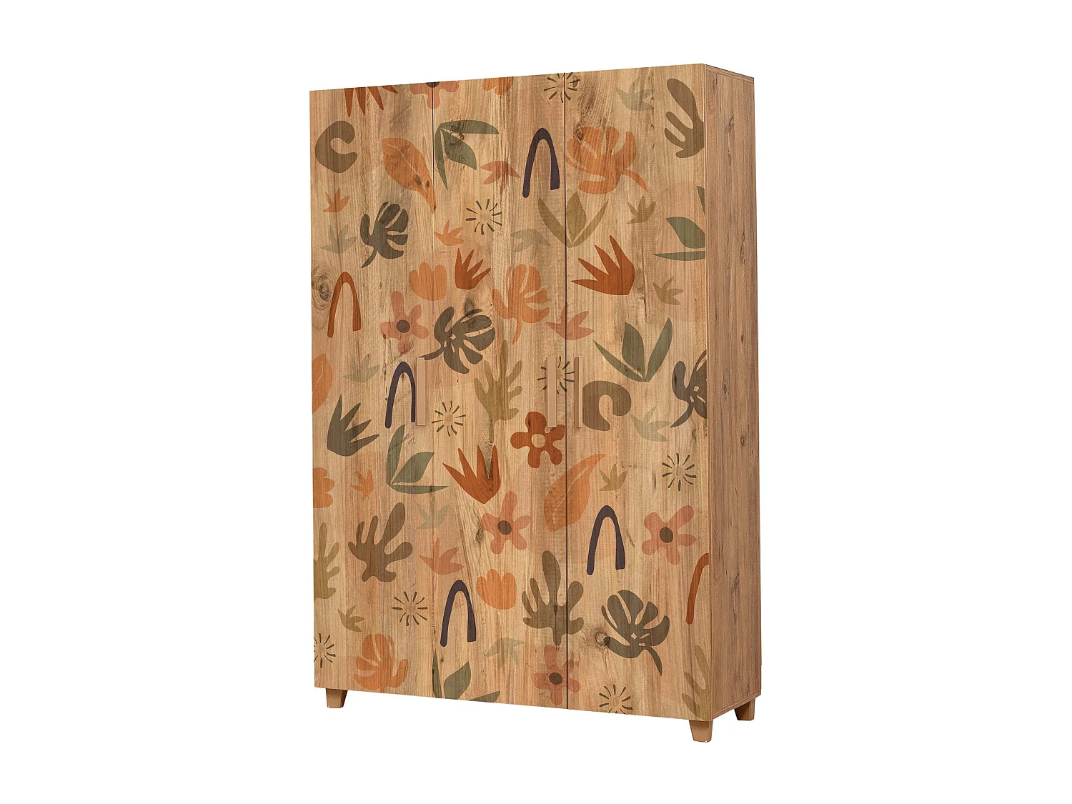 Armoire 3 portes Perth L120cm Bois clair Motif Feuilles Vert, Rouge et Noir