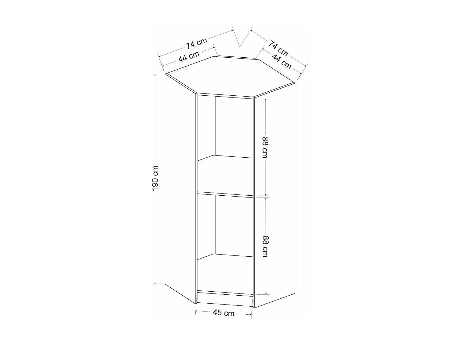 Armoire d'angle 1 porte battante et 1 porte basculante Kuta L74xH235cm Bois Blanc