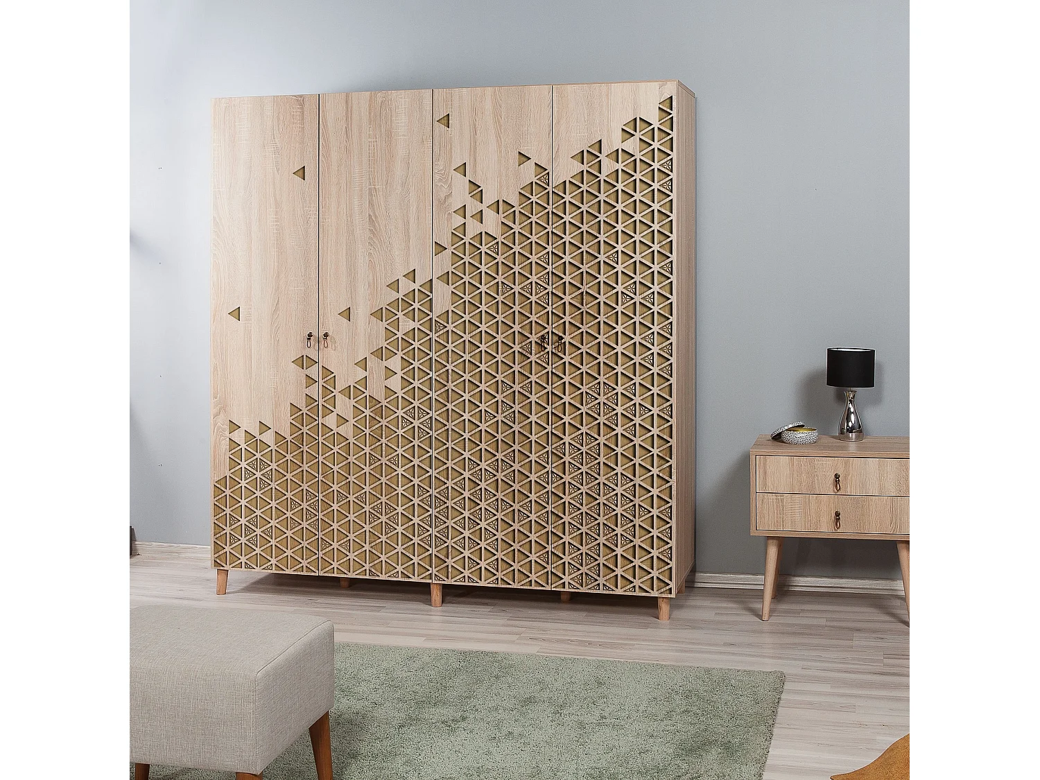 Armoire penderie 4 portes Infigo 180cm Bois Naturel Motif Triangles Beige