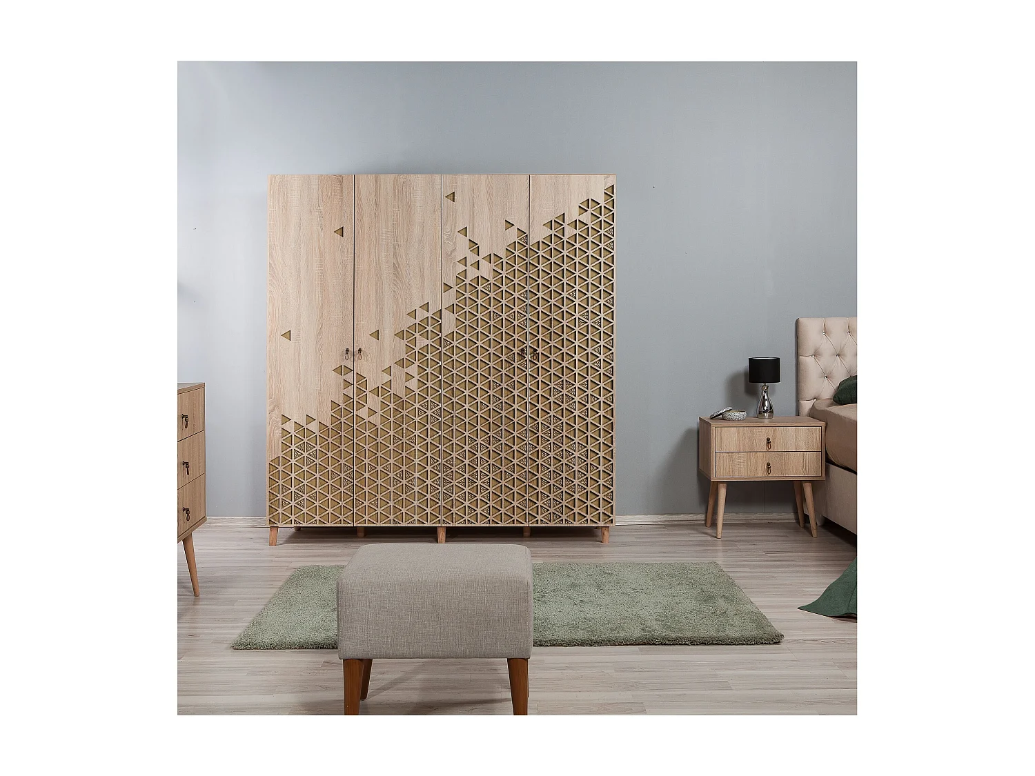 Armoire penderie 4 portes Infigo 180cm Bois Naturel Motif Triangles Beige