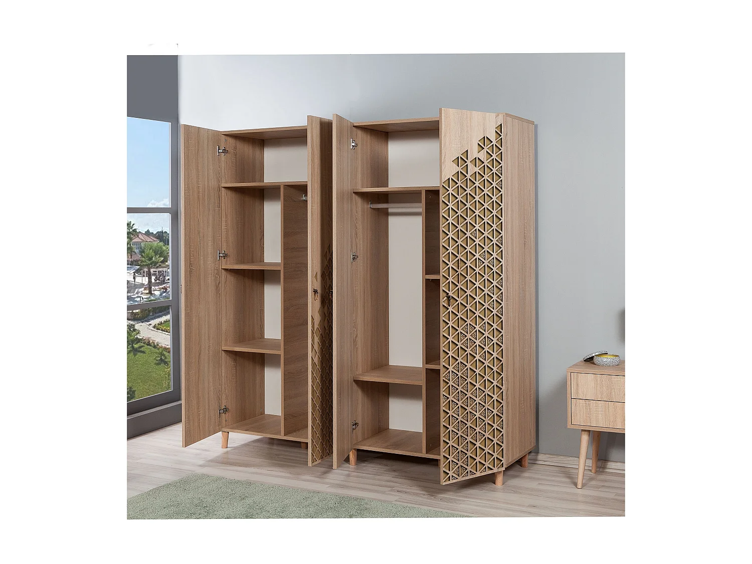 Armoire penderie 4 portes Infigo 180cm Bois Naturel Motif Triangles Beige