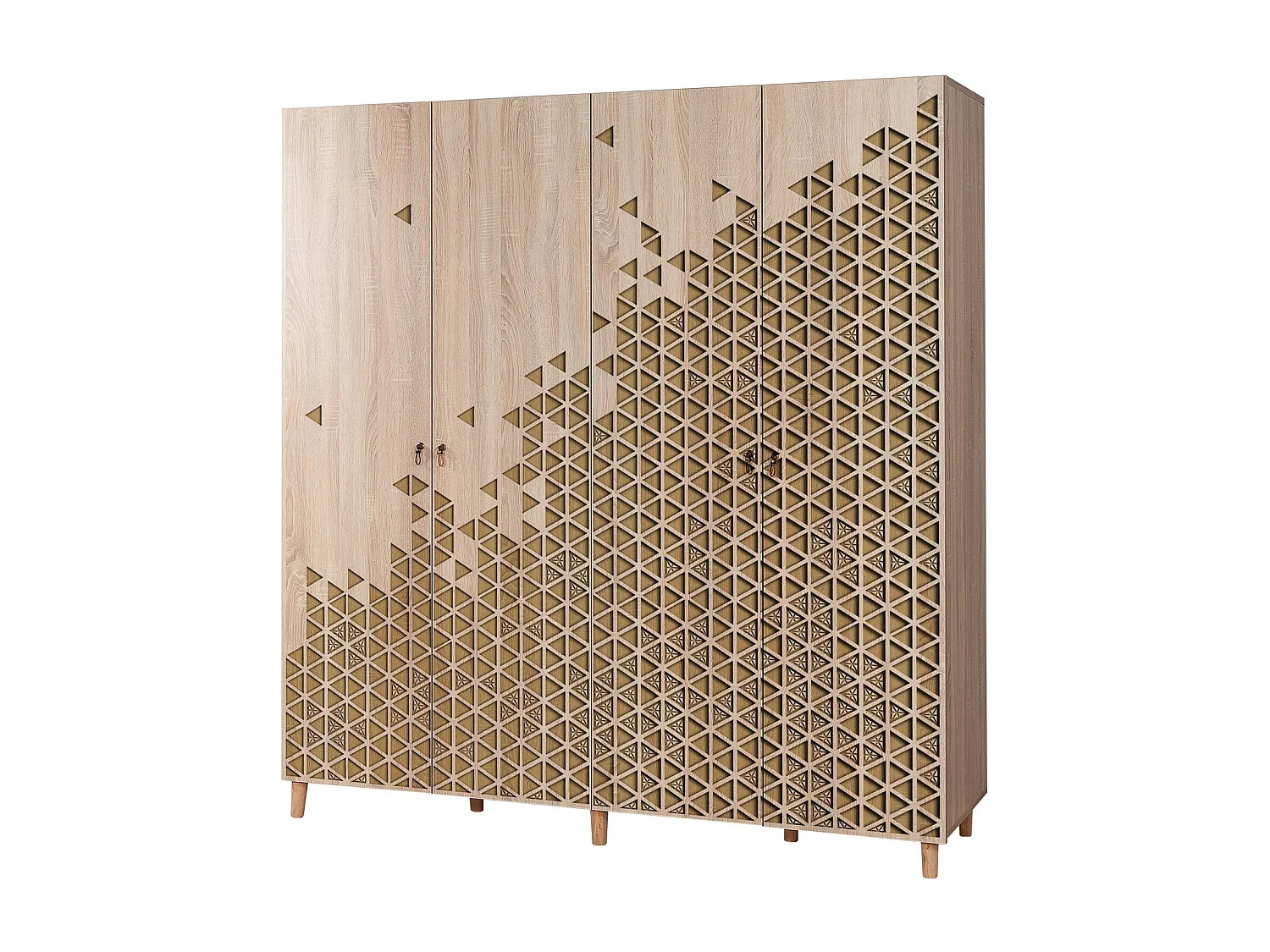 Armoire penderie 4 portes Infigo 180cm Bois Naturel Motif Triangles Beige