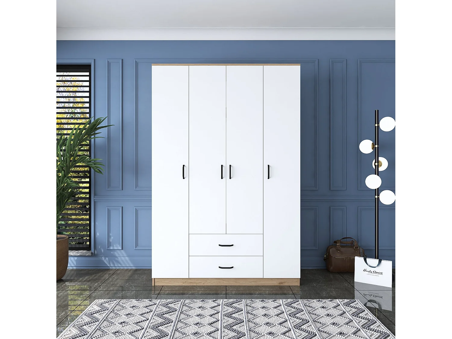 Roupeiro Heimdall com 4 Portas e 2 Gavetas - Design Elegante em Nogueira e Branco