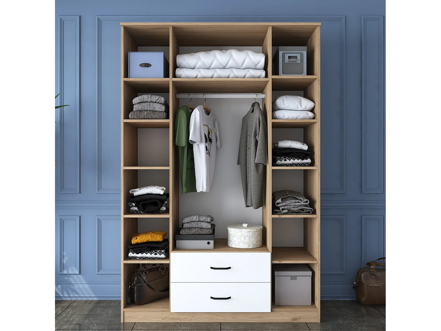 Roupeiro Heimdall com 4 Portas e 2 Gavetas - Design Elegante em Nogueira e Branco