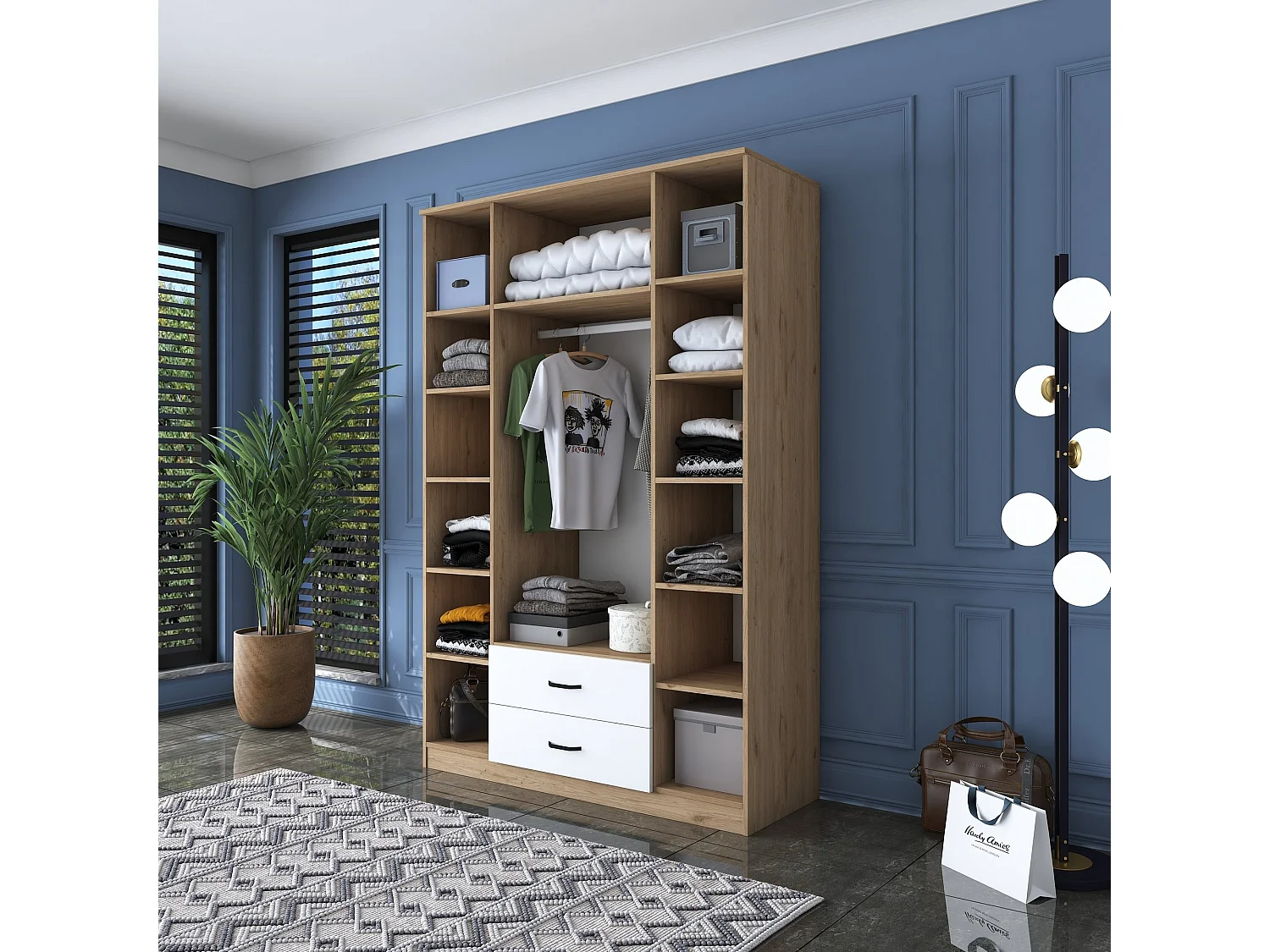 Roupeiro Heimdall com 4 Portas e 2 Gavetas - Design Elegante em Nogueira e Branco