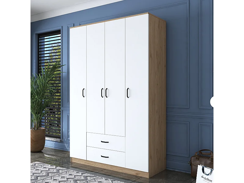 Roupeiro Heimdall com 4 Portas e 2 Gavetas - Design Elegante em Nogueira e Branco