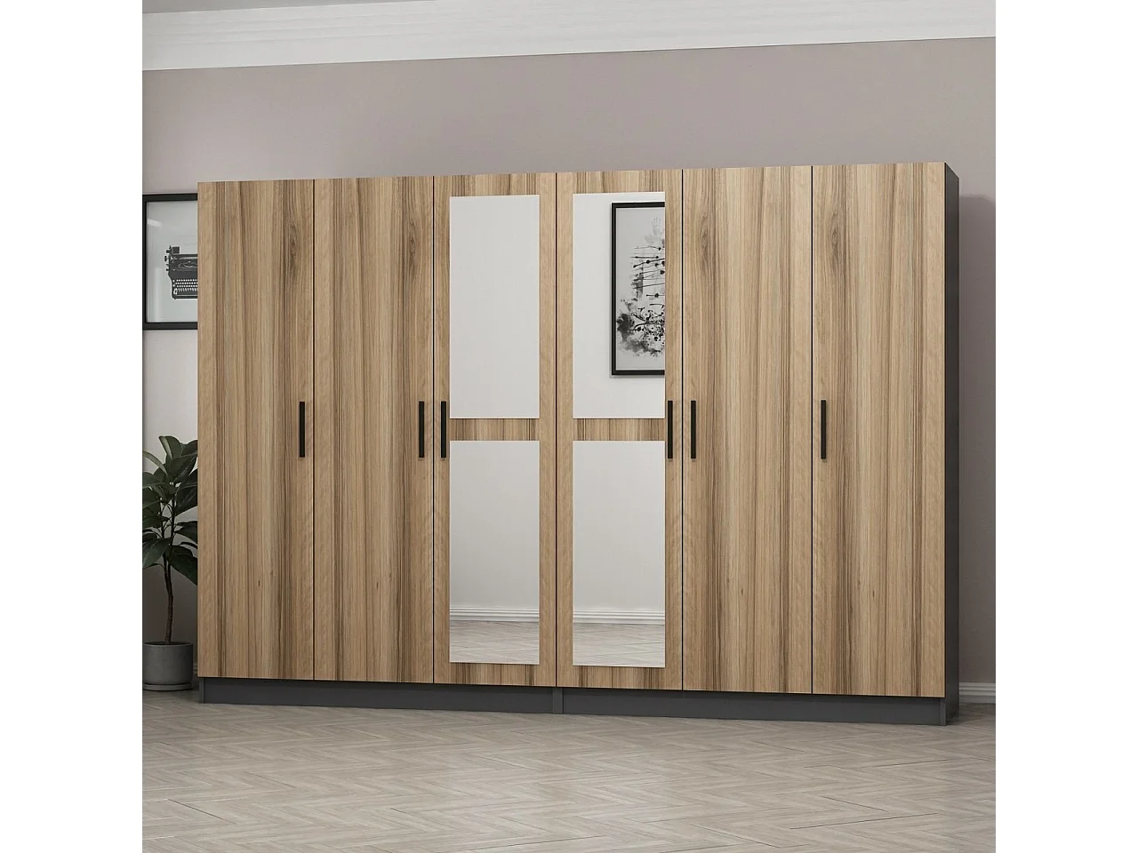 Armoires 6 portes et 4 miroirs Sanur L270xH190cm Bois clair et Anthracite